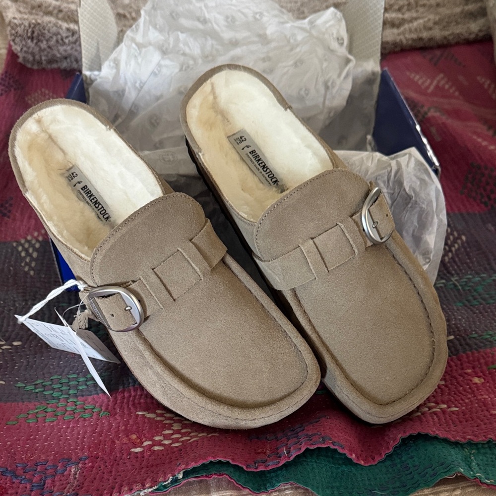 Birkenstock Beige Suede Shearling-Lined Clogs